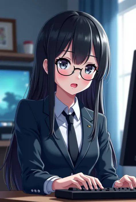 A female Japanese anime character, she will have long black hair, she will not have bangs, she will have gray eyes, light skin. She will be well dressed. She will have round glasses and she will play video games on a computer tower and a screen in her room...