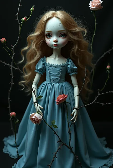 A broken porcelain doll wearing a blue dress with hazel blonde hair on a black background surrounded by roses with thorns