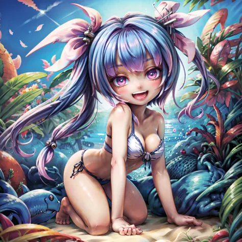 (masterpiece), (best quality), (ultra-detailed), photorealistic, (best illustration), (an extremely delicate and beautiful), 1girl, solo, full body, (iku:1.1), finely detailed iris, hair accessory, smile, blue sky, sunlight, diffraction spikes, twintails, ...