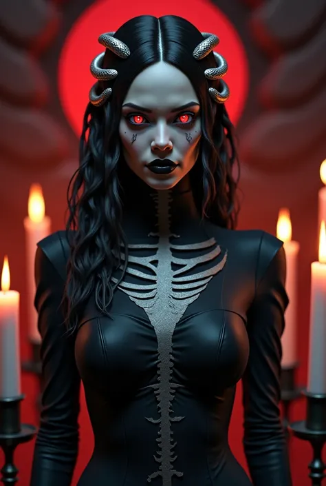 Gothic woman with a shadow face skeleton long and short hair and the face of a diabolical gothic woman , long hair with silver snake ornaments both looking forward heavenly eyes beautiful tall forehead. In a dark place with candles red background on fire f...