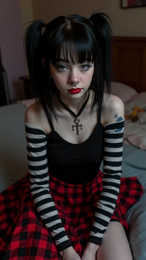 Punk trad goth subculture gothic Girl trad goth makeup punk post punk A girl with black hair and black and white striped sleeves. She wears a black top, a red and black tartan skirt, and has piercings on her nose and lip. on bed 