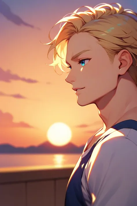 boy, blonde long hair, blue eyes, sunset