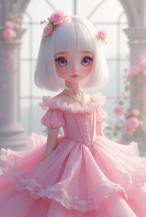 Young girl with straight hair and white bangs with lilac eyes and a full body pastel pink Victorian style dress