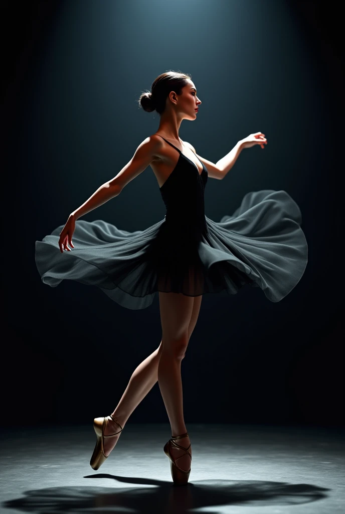 The ballerina is Latina and wears a black dress made of light fabric 