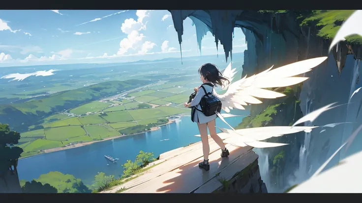  A girl with wings is about to take off from the cliff。You can see big clouds and sky in the background 。 There is a forest under the cliff and you can see a waterfall 。