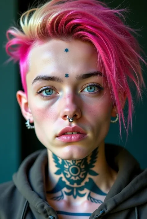 17-year-old white girl pink painted blond hair Rastafarian style hair shaved from the sides neck tattoo tribal style. blue eyes and nose piercing.