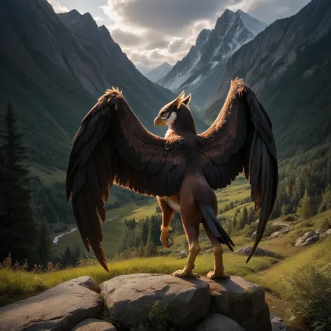 score_9, score_8_up, score_7_up, score_6_up, rear view, (hippogryph), with large wings, stands, quadrupeds, (detailed background), nature, in the high mountains, (solo), high quality, highly detailed, photorealism, photorealistic, dslr, photo, full body