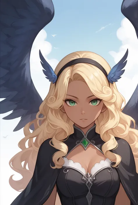 Woman, dark skin, green eyes, long hair,Curly hair, blonde hair,headband , dark blue wings,Black dress  ,Anime style