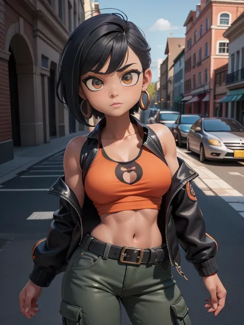 (best quality:1.3), (4K quality),masterpiece, best quality, high res, detailed, (Detailed face:1.2), (Detailed eyes:1.2), (Perfect figure:1.2), CARTOON, ANIME, CARTOON ARTSTYLE, 1girl, solo, Woman, Mixed race Navajo-Latina woman, tan-bronze skin, athletic ...