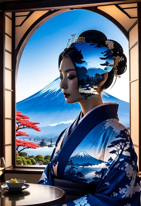 (((Silhouette Art:1.4))), Traditional Japanese Kimono, (Double Exposure:1.3), Mt. Fuji in the background, Restaurant Wedding overlooking a Japanese garden, Blue Moon, (Close-up), Improved, Complex, (Top Quality, Masterpiece, Masterpiece, Official Art, Prof...