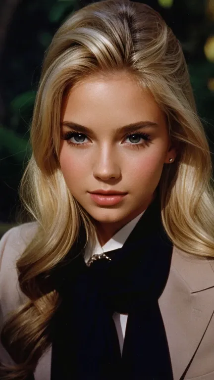 1 cute young girl, beautiful face, Solo, blowout blonde highlighted bombshell Hair, elegant, luxe elite style, 1995 film still, outdoor luxe background, very grainy photo