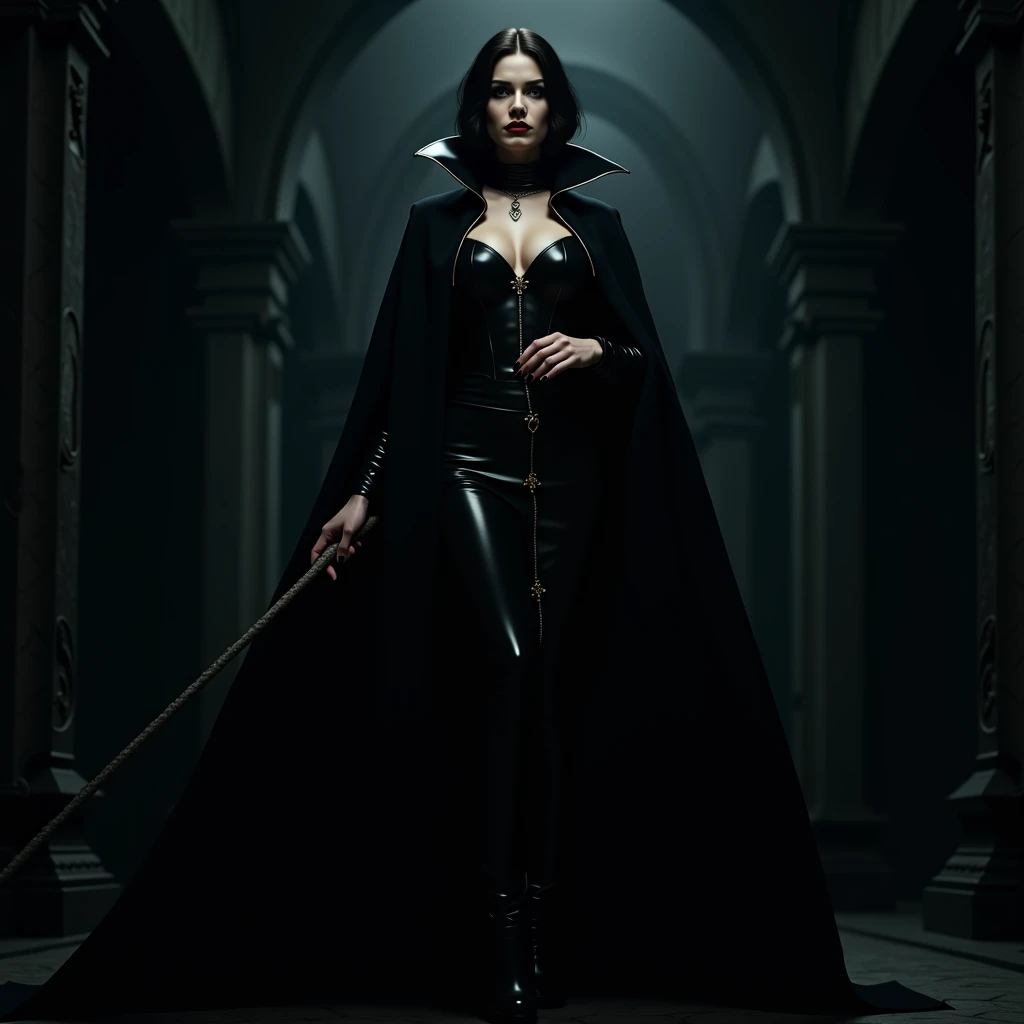 Full length Landscape view, a tall sexy female vampire Countess with short Slick Black Hair, Noble, hypnotic, perfect round breast, gigantic boobs. wearing a glossy Black cloak to the Floor with dramatic wide popped up collar, popping up dress collar with ...