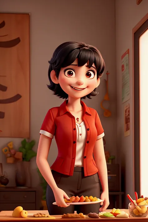 a happy woman with a tray of snacks, short black hair and a red blouse