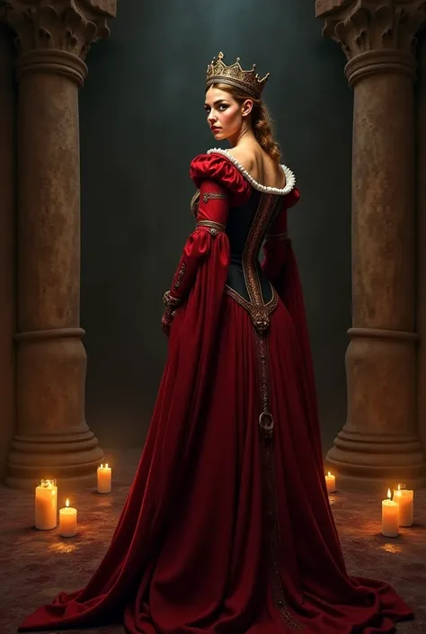 "A medieval queen standing in a dark, mysterious royal court, with her back to the viewer, looking over her shoulder with a surprised yet defiant expression, illuminated by soft candlelight, painted in a dramatic and colorful medieval historical style."