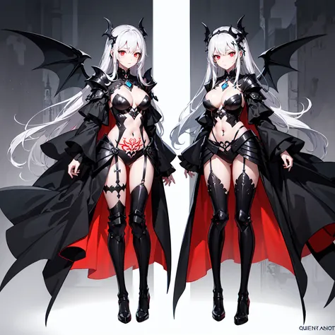 queen power armor , (gothic style), full body view , bellybutton, The most beautiful and sexy demon goddess, long white hair, glowing red eyes, wearing detailed black gothic battle armor, black angel wings, tattoos and piercings, gothic castle, perfect mas...