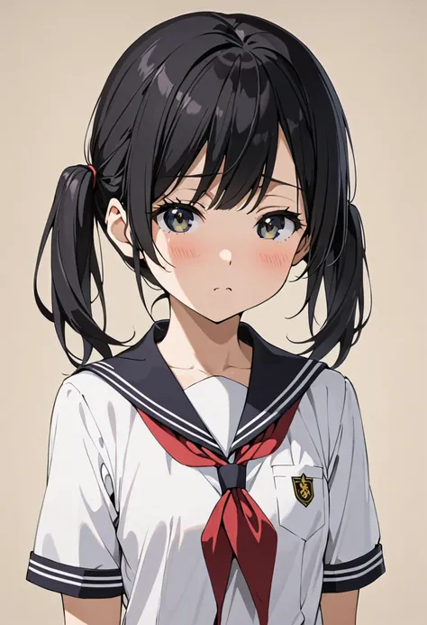  black hair　 small tits　 low twin tails　 school uniform　Only the chest is exposed