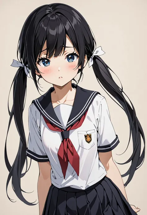  black hair　 small tits　 low twin tails　 school uniform　Only the chest is exposed