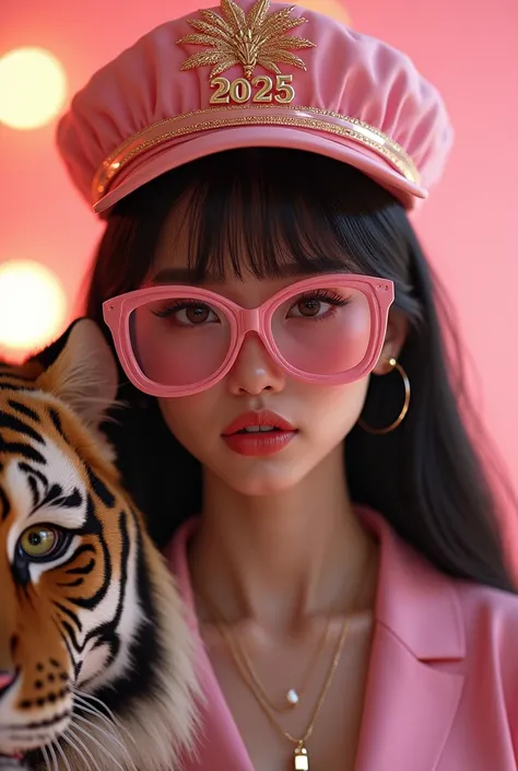  sexy girl,  thick lips ,  long straight and black hair , slanted eyes , pink elegant clothes ,  pink new year background, with big glasses,2025 cap ,with a tiger, Happy New Year 
