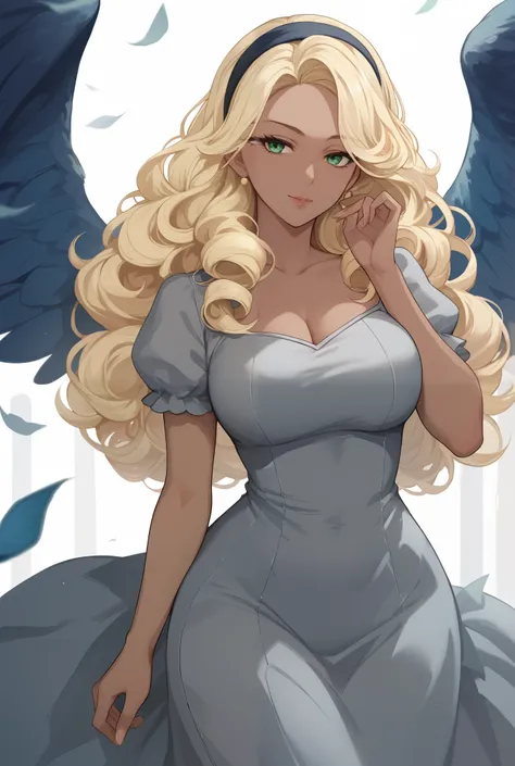 Mature woman , dark skin, green eyes, long hair,Curly hair, blonde hair,headband , dark blue wings,grey dress  ,Anime style