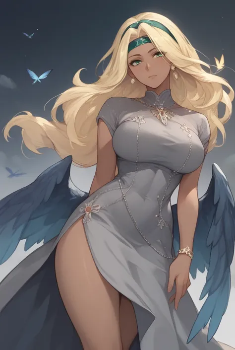 Mature woman , dark skin, green eyes, long hair, blonde hair,headband , dark blue wings,grey dress  ,Anime style