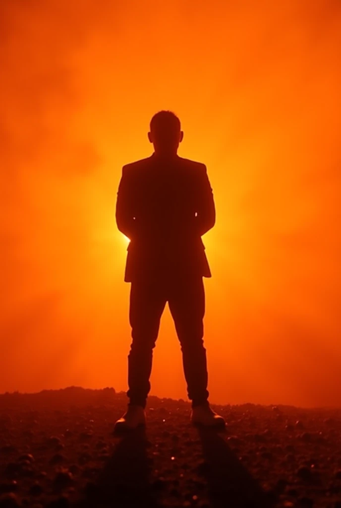 Standing confidently in front of a glowing, smoky background. The scene is illuminated by a warm, orange light, casting dramatic shadows. The ground is rough and textured. The atmosphere is mysterious and intense