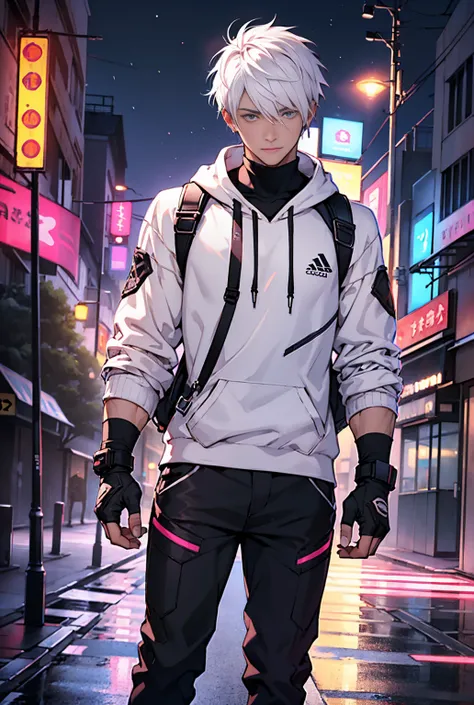 (high quality, 4k, attention to detail, detailed), young man in his 20s, white hair, pink iris, short hair, white techgear sweatshirt, fingerless gloves, dark pants, night, city, artificial lighting