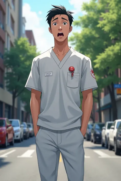 a shoked male nurse He has Asian features and black hair on the street.human not anime