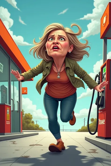 Create the caricaturized image of a lady running in a hurry to the gas station bathroom