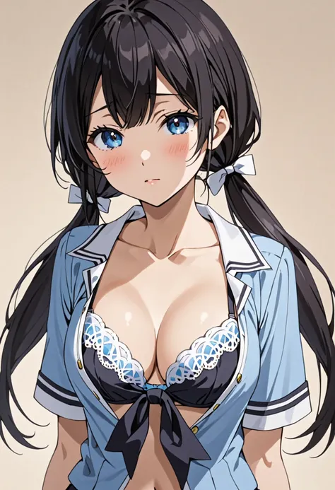  low twin tails　 black hair　 school uniform　Light blue bra　The chest is open and you can see the cleavage.