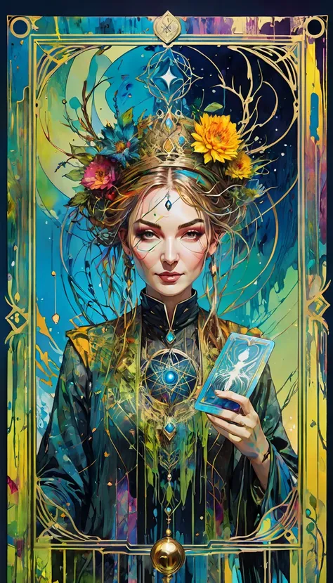 Tarot Card,  magician , FULL Tarot Card frames  ( by Brian Frode and Carne Griffiths and Vadim Kashin,  complex details , oil) . bright colors, oil paint)
