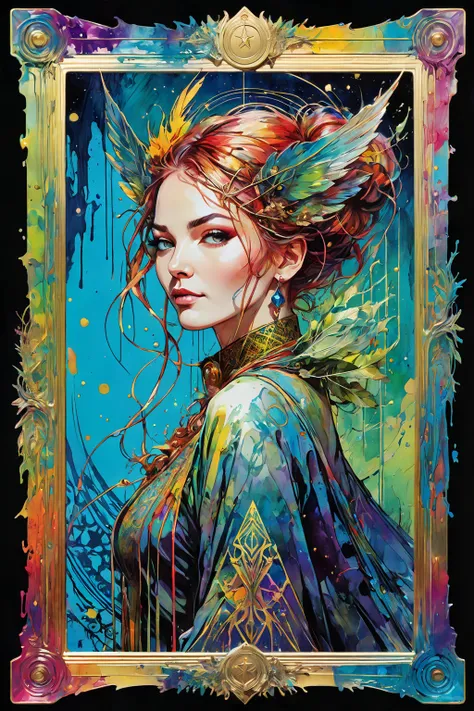 Tarot Card,  magician , FULL Tarot Card frames  ( by Brian Frode and Carne Griffiths and Vadim Kashin,  complex details , oil) . bright colors, oil paint)
