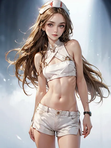 (masterpiece), best quality, expressive eyes, perfect face, nightclub background), (standing), (smirk), (closeup view), (1girl, blaire ivory,  shoulder length brown hair ,slender figure, thin body, skinny body, petite_body, medium breasts, slim thighs, lon...