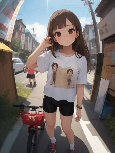 score_9, score_8_ up, score_7_ up, score_6_ up, score_5_ up, score_4_ up,ANIME BREAK ，nsfw，masterpiece，Ultra-detailed images， top quality , (nsfw, Censorship off )， fisheye lens，Cute young girl， very short， toddler figure ，1 girl in t-shirt and short bike ...