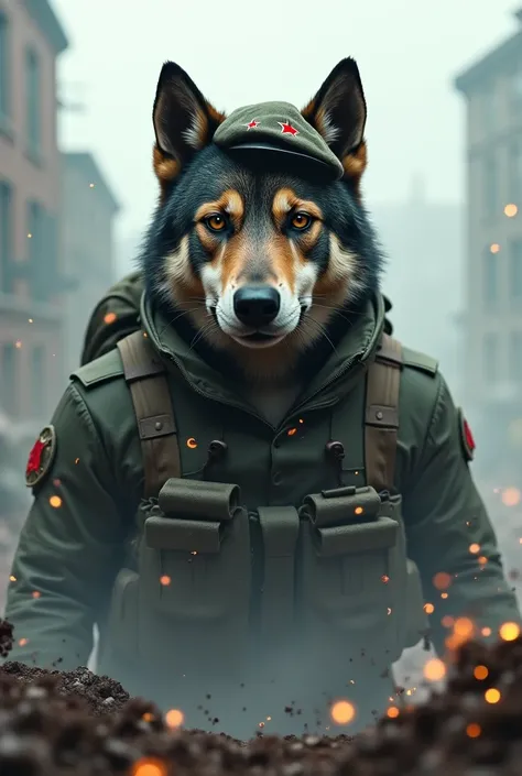 A Soviet Soldier who is an Anthropomorphic DOG con un fondo de cenizas y que solo se vea la parte superior del perro