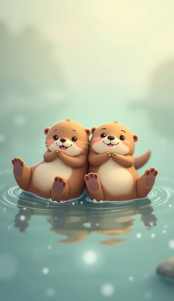 drawing of two otters holding hand and smiling make them float on water on backs 