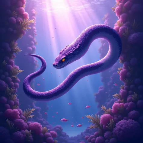  I would like an illustration of a sea snake, with purple tones, Make it look complete and in the purple sea 