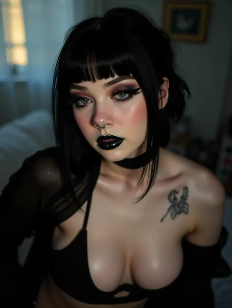 1girl, woman, emo_hairstyle, black lipstick, big choker, eyeliner, eye shadow, mascara, smoky eyes, black lips, bedroom, natural lighting, perfect face, emo, big breasts, black lips, sweatshirt, over the shoulder, tattoo