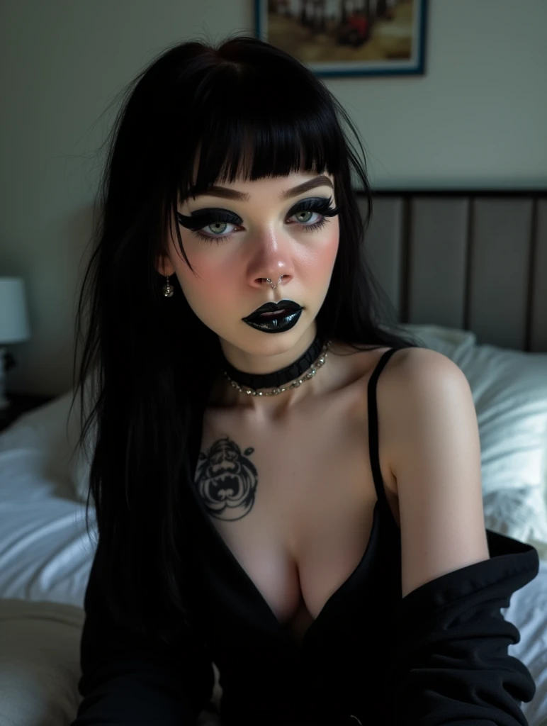 1girl, woman, emo_hairstyle, black lipstick, big choker, eyeliner, eye shadow, mascara, smoky eyes, black lips, bedroom, natural lighting, perfect face, emo, big breasts, black lips, sweatshirt, over the shoulder, tattoo