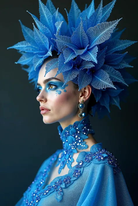 Une représentation artistique dune femme humanoïde, surréaliste dune beauté envoûtante, avec un maquillage de strass complexe de nuancé de brillant et bleu, surréaliste, vêtus dune robe aux détails complexes,le corps de la femme est entièrement constitué d...