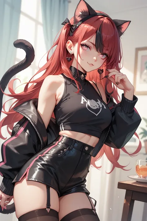 girl with pink eyes and long red hair with black highlights wearing black clothes and with cat ears and a tail