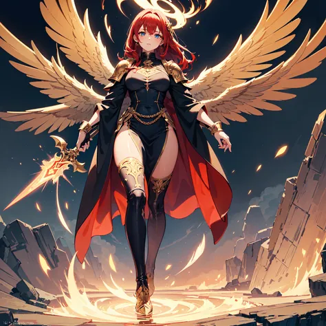 (((masterpiece, best quality, high detailed, 16k))) (1girl) A powerfully majestic woman with short, fiery red hair and intense blue eyes. She wears a shining golden armor adorned with celestial engravings. Her large, white wings are edged with gold, and sh...