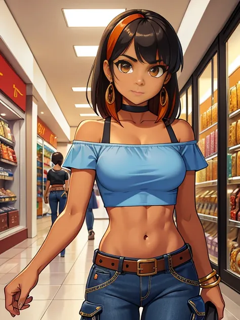 (best quality:1.3), (4K quality), masterpiece, best quality, high res, (Detailed face:1.2), (Perfect figure:1.2), 1girl, solo, Woman, Mixed race Navajo-Latina woman, tan-bronze skin, athletic physique, amber eyes, black hair with bangs. She wears 2000s-ins...