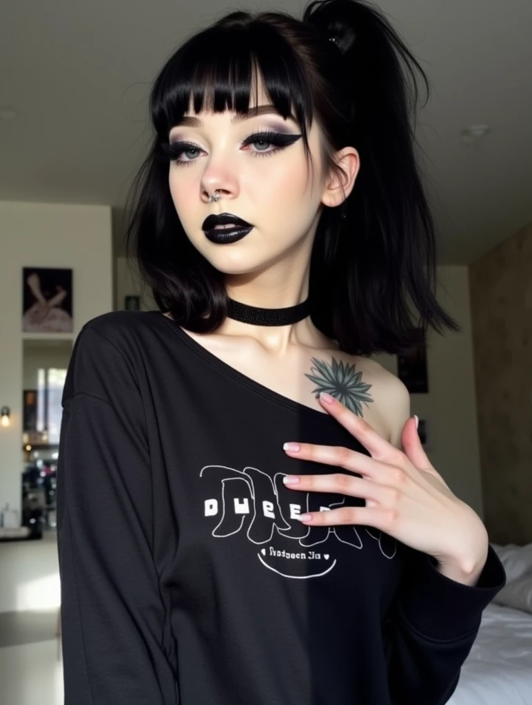 1girl, woman, emo_hairstyle, black lipstick, big choker, eyeliner, eye shadow, mascara, smoky eyes, black lips, bedroom, natural lighting, perfect face, emo, big breasts, black lips, sweatshirt, over the shoulder, tattoo