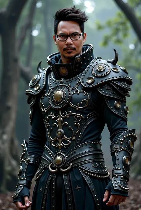  Make a handsome man ,  height 170 cm , long hair, The face of Indonesia,  wear ghotic metal warrior outfit inscribed IBBO Metalizer,  with full dress accesories , background : dark realm 