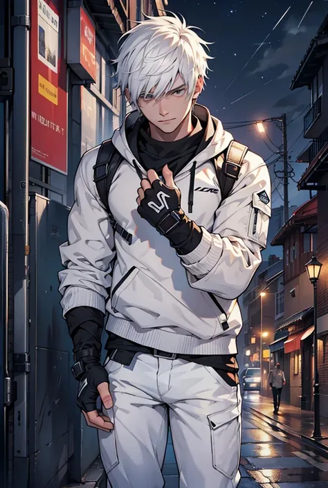 (high quality, 4k, attention to detail, detailed), young man in his 20s, white hair, short hair, white techgear sweatshirt, fingerless gloves, dark pants, night, city, artificial lighting