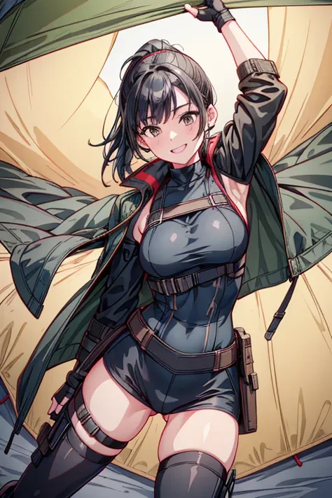 (portrait), (1girl black hair, ponytail, brown eyes, happy smile, breath, closing eyes), (army coat, leotard, thighhighs, thigh holster), (fingerless gloves, boots), (standing, stretch, arms up), (outdoor, tent, daybreak, morning), ((masterpiece:1.5)), ((b...