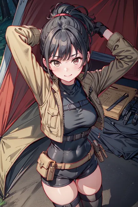 (portrait), (1girl black hair, ponytail, brown eyes, happy smile, breath, closing eyes), (army coat, leotard, thighhighs, thigh holster), (fingerless gloves, boots), (standing, stretch, arms up), (outdoor, tent, daybreak, morning), ((masterpiece:1.5)), ((b...