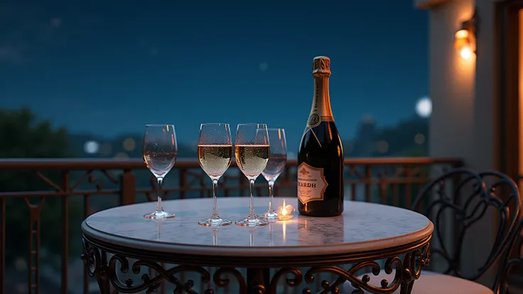 

Color photo photorealistic A table with a cast iron frame and marble top On several glasses and a bottle of champagne in Art Nouveau style On a large balcony A clear starry sky as a background