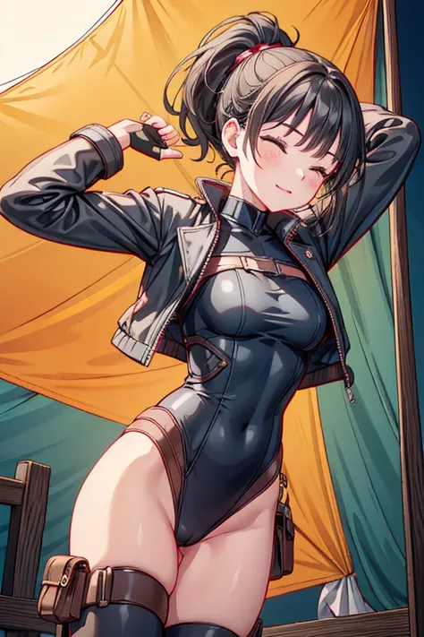 (from below:1.1),(perky chest:1.2), (pointed chest:1.2),(portrait), (1girl black hair, ponytail, brown eyes, happy smile, breath, closing eyes), (army coat, leotard, thighhighs, thigh holster), (fingerless gloves, boots), (standing, stretch, arms up), (out...