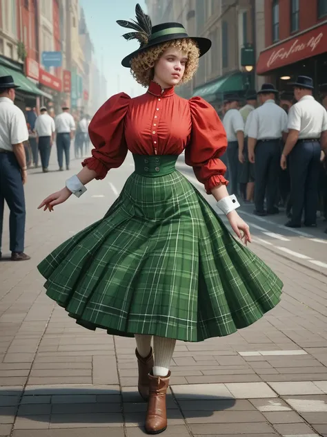 Alluring, voluptuous 14yo blonde Gibson Girl of the 1900s in a crowded Gilded Age New York street, 1902. High-neck red shirtwaist with long puff sleeves and ruffles on the cuffs and collar, black hat with feathers, floor-length green plaid skirt, petticoat...